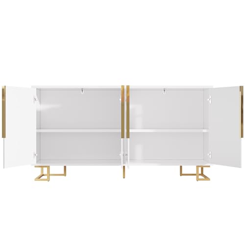 Merax White Sideboard Modern Storage Cabinet, 152X40X75Cm – Geometric Design Cabinet With Gold Handles & Feet, Anti-Tip Device, Adjustable Feet, Living Room Furniture - 8