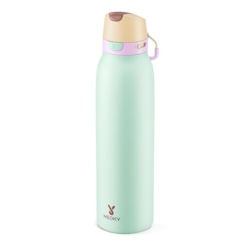 Image of Meoky 24 oz Slim Insulated Water Bottle: Leak Proof Locking Lid, 2-in-1 Straw and Spout, 24 Hours Cold, Top Handle, BPA Free, Stainless Steel Water Bottle for Adults Teens Sports Travel, Lime