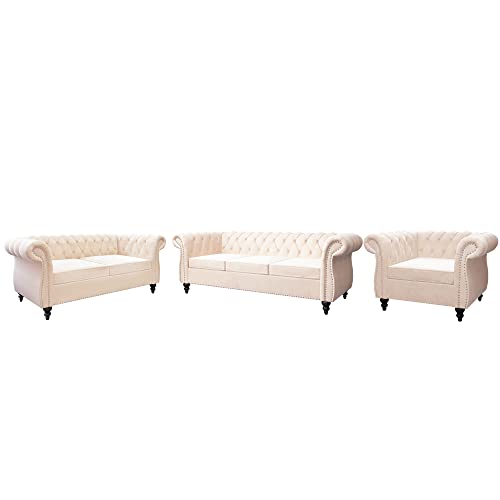 Image of QHITTY 3 Piece Living Room Set, Sectional Chesterfield Sofa Chair Contemporary Upholstered Velvet Loveseat Couch Sets for Living Room, Bedroom, Office (Beige)