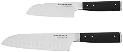 KitchenAid Gourmet Forged Triple Rivet Santoku Knife Set with Custom-Fit Blade Covers, 7-inch Santoku Knife, 5-inch Santoku Knife, 2-Piece Set, High-Carbon Japanese Stainless Steel Blades, Black