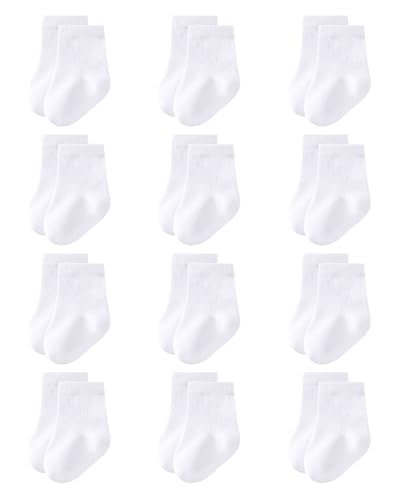 LO SHOKIM Baby Crew Socks 0-3 Months Newborn Infant Cotton Black White Dress Socks Baby Boys Girls Preemie Sock 12 Pairs(White)