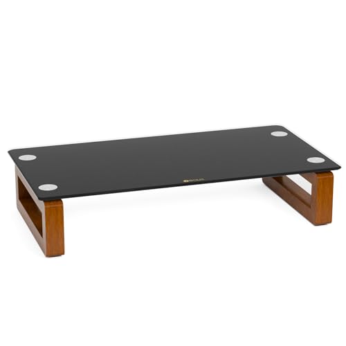YEOUX Black Glass Computer Monitor Stand Riser with Wooden Base for Flat Screen LCD LED TV Laptop Printer Multi Media Desktop Stand Office Supplies Desk Organization