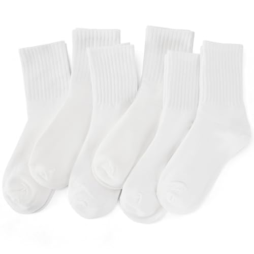 VRCLUB Women Calf Socks Cute Casual Athletic Sports Soild Crew Socks for 6 Pairs Size 5-11 Comfort Soft for Women Girls(All White,36-40)