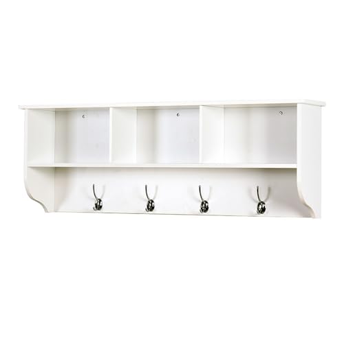 Perchero montado en la pared con estante de almacenamiento y 4 ganchos duales, elegantes ganchos de madera para entrada, cocina, baño, ahorro de espacio, blanco