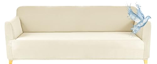 Poligino Copridivano 3 Posti con Braccioli | Copri Divano Impermeabile | Elasticizzato | AntiGraffio Gatto | Universale | Copridivano Indispensabile per Animali Domestici (3 Posti, Bianco Crema)