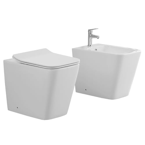 Yellowshop - Sanitari bagno a terra filo muro - Set vaso rimless e bidet completo di coprivaso...