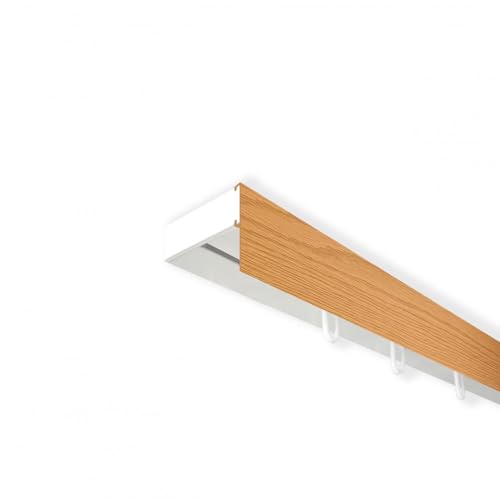 SN Deco - Vorhangschiene SH Set, Gardinenschiene, vorgebohrt, m. Blende Eiche, Komplettes Zubehör und Röllchen (Schiene Weiß, 1-läufig, Blende Eiche 5 cm, 120 cm)