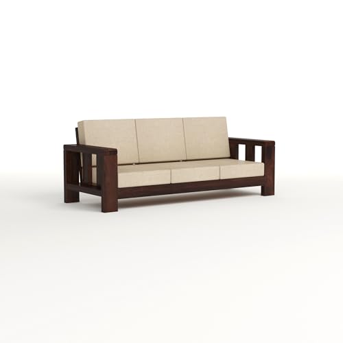 Image of Sheesham Wooden Sofa Set 3 Seater - Premium Wooden 3 Seater Sofa for Living Room with Comfortable Cushion - Solid Wood Sofa for Home & Office Furniture (Walnut, Haney 3 Seater)