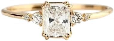 925 Sterling Silver Radiant Cut Engagement Ring for Women, 14K Gold Plated Three-Stone Created Diamond Promise Ring, Dainty Wedding Band, Sizes 4-13