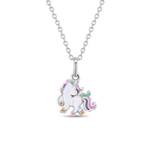 925 Sterling Silver Multicolor Enamel Unicorn Pendant Necklace for Little Girls and Preteens 16