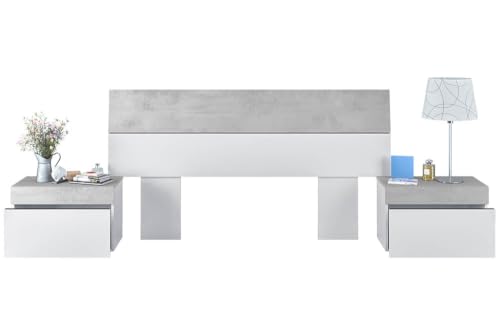 Habitdesign – Cabecero de Cama Matrimonio con 2 Mesitas, Cabezal de Matrimonio y Mesillas, Color Blanco Artik y Gris Cemento, 298x40x96,5 cm - Modelo Tekkan