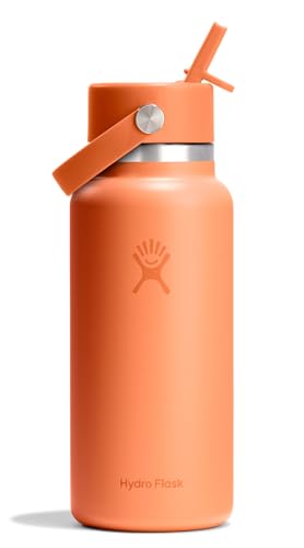 Image of Hydro Flask Water Bottle - Insulated Stainless Steel - Wide Mouth Flex Straw Lid, Non Spill, Leakproof and Refillable in 32 Oz Nectar Orange