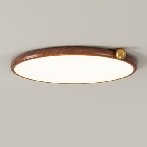 Plafonnier LED rond encastrable grand format bois de noyer dorure salon cuisine