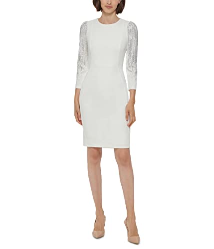 Calvin Klein Scuba Crepe Sheath with Beaded 3/4 Sleeves Cream 8