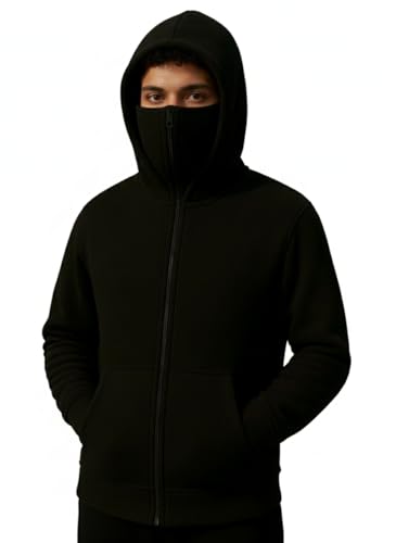 Image of Koverify Plain Cotton Hooded Neck with Mask Stylish Balaclava Zipper Hoodie