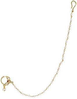 ACCESSHER Gold Plated Traditional and Ethnic Ruby Kundan Embellished Delicate Clip On/Non-Piercing Nose Ring/Nathani with Pearl Chain for Women Pack of 1