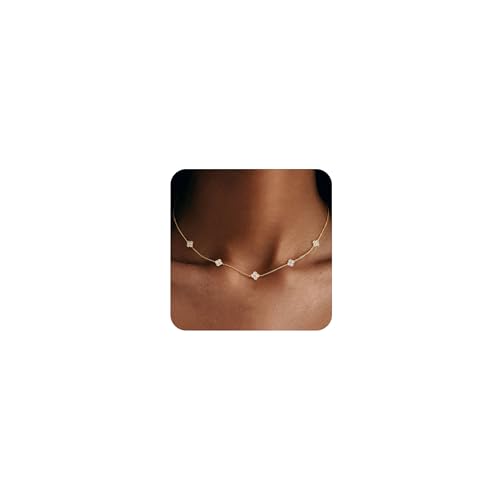 KELAIEN Birthstone Gold Clover Necklace for Women Non Tarnish Dainty 14K Gold Plated Cubic Zirconia Choker Necklace Stack Pendant Layered Necklaces for Women Trendy Birthday Christmas Gifts Jewelry