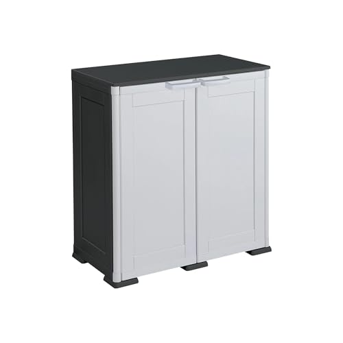 MA MAISON Armadio Basso in Plastica da Esterno 79x43x85,5 cm, con 2 Ripiani – Mobile Contenitore Compatto Salvaspazio per Balcone, Terrazza e Organizzazione Casa (Grigio/Nero)