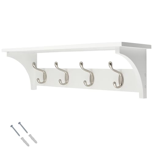 Keypak 4 Hook Wall Shelf Coat Rack Combo with 4 Satin Nickel Hooks White Rail 56cm - Wall Mounted Coat Rack & Storage Shelf for Hallway Bedroom Bathroom