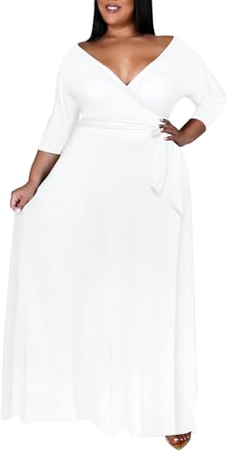 Image of Nmoder Plus Size Maxi Dress for Women - Summer Casual 3 /4 Sleeve Floral Flowy Long Dress with Belt XL- 6XL