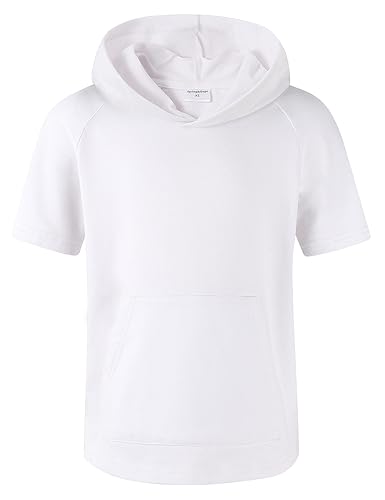 Spring&Gege Boys Light Weight Short Sleeve Hoodie Casual Solid Pullover Hooded T-shirt with Pocket, White, 9-10 Years