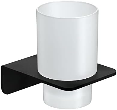 WEISSENSTEIN Self Adhesive Cup Holder & Tumbler  3M VHB Industrial Strength  100% Stainless Steel and Frosted Glass  Wall Mounted - Black