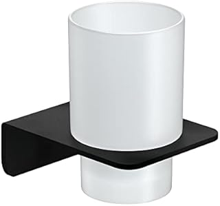 WEISSENSTEIN Self Adhesive Cup Holder & Tumbler  3M VHB Industrial Strength  100% Stainless Steel and Frosted Glass  Wall Mounted - Black