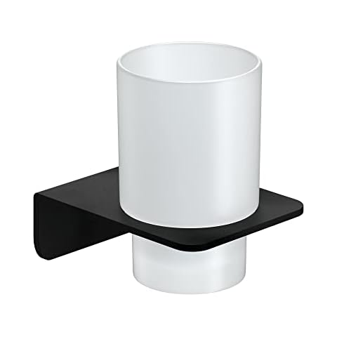 WEISSENSTEIN Self Adhesive Cup Holder & Tumbler - 3M VHB Industrial Strength - 100% Stainless Steel and Frosted Glass - Wall Mounted - Black Cover
