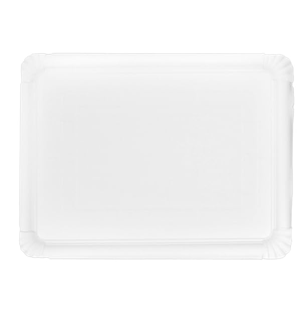50 Bandeja de Cartón Blanca 34×42 cm | Rectangular Compacta | Resistente al Aceite y Calor | Ideal para Degustaciones y Catering | Pack de 50 Unidades