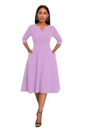 Image of Nmoder Midi Dresses for Women A-Line Fit and Flare Dress 3 /4 Sleeve V Neck Cocktail Wedding Guest Work Dress with Pockets