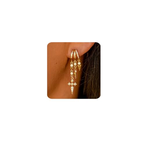 MUMREUES Boucles d'Oreilles Cercles pour Femme Plaqué Or 14K Boucles d'Oreilles Chaîne avec Franges en Zircon Minimalistes Légères Boucles d Oreilles pour...