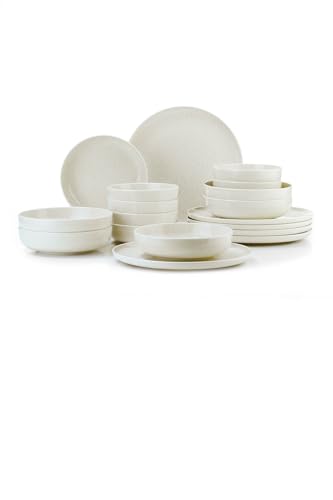 Vajilla elegante de 18 piezas, 100% porcelana, color crema, incluye platos, cuencos y platos, apto para lavavajillas y microondas