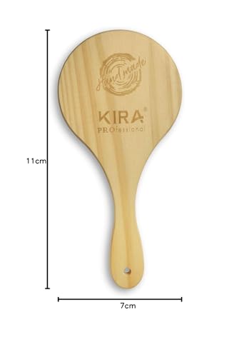 Image of KIRA Professional Beautiful Double Sided Makeup Mirror, Vanity Magnifying Both Use of Hand Held Travel and Dressing Table Yellow Wooden Handle,Beige (Round)