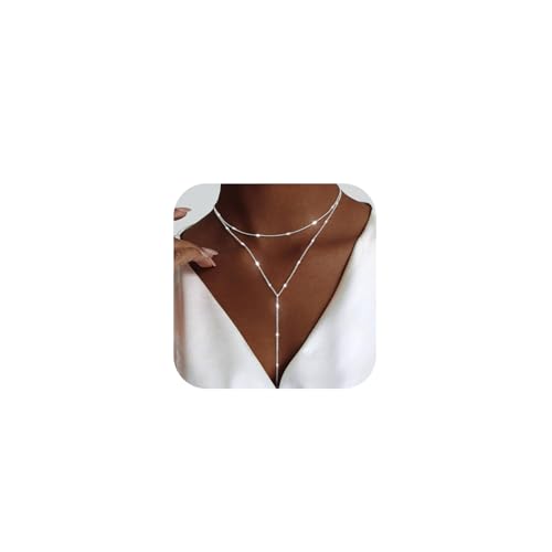 luxval lariat silver necklace for women dainty long necklace silver y-shaped pendant necklaces trendy beaded chain drop necklaces jewelry for women gifts