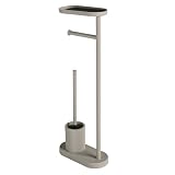 Gedy Elios Piantana Portarotolo e Scopino Bagno con Ripiano per Smartphone, Realizzata in Metallo Colore Tortora Chiaro Opaco, Ciuffo in Setole Nere di Nylon, Base Zavorrata, Misure L11,6xP25,6xH68cm