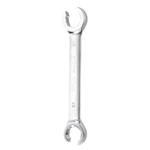 Image of sourcing map Flare Nut Wrench 24mm x 27mm Metric Double Open End Thick Spanner Mirror Polish Finish 45# Steel Brake Line Wrench for Fuel Tube Hose Transmission Line, Silver
