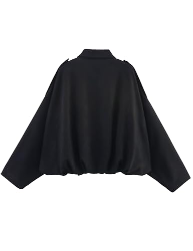 Women's Suede Bomber Jackets Casual Overasized Batwing Sleeve Pleated Elastic Hem Coats Streetwear(Black-S)2