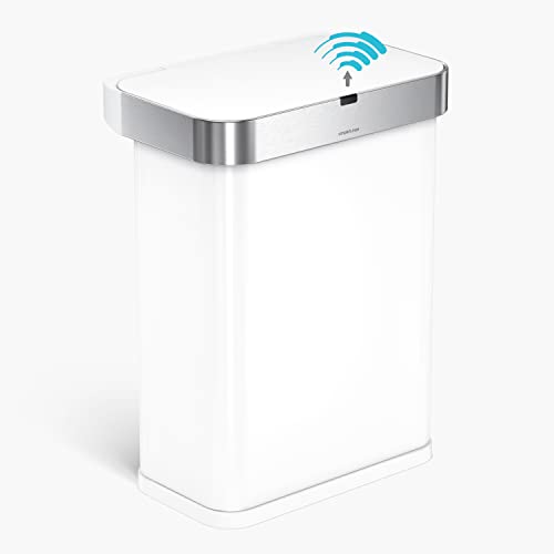 simplehuman, 2nd Generation, White Stainless Steel 58 Liter / 15.3 Gallon Rectangular Voice and Motion Sensor Automatic Kitchen Trash Can