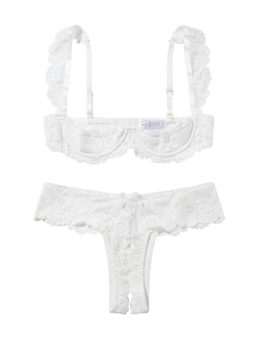 Lilosy Sexy Underwire Floral Lace Sheer Lingerie Set for Women See Through Bra and Panty 2 Piece Push Up Half-cup White 2# Medium