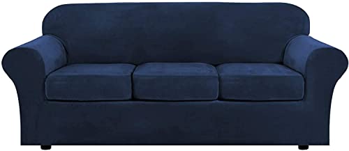 PANJAZE Samt-Sofa-Cover mit 2 separaten Kissenbezüge, Stretch Ultra weicher Plüsch Sofa Slipcover Ersatz Anti-Rutsch-Möbelschutz mit elastischem Boden (Color : Navy, Size : 3 Seater(173-229cm))