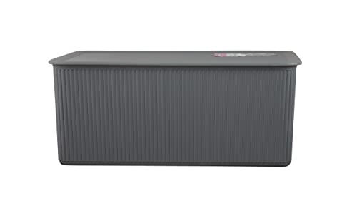 Superio Ribbed Collection - Decorative Plastic Lidded Home Storage Bins Organizer Baskets, Large Grey (2 Pack - 15 Liter) Stackable Container Box, For Organizing Closet Shelves Drawer Shelf #TOP2