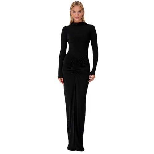 Image of Women's Sexy Turtleneck Long Sleeve Maxi Dress Elegant Ruched Bodycon Long Dress Casual Party Dresses