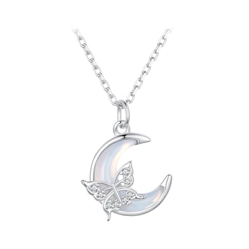 Qings Collier Papillon en Argent Sterling 925 Collier Pendentif Croissant Lune Animals Cadeaux d'Anniversaire Bijoux pour Femme