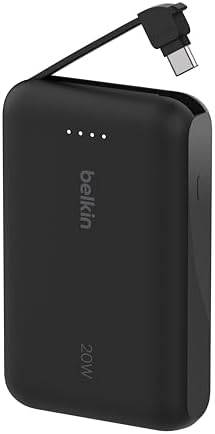 Belkin モバイルバッテリー(10000mAh, 20W, USB-Cケーブル内蔵) 3C対応 最大20W PD高速充電対応 PPS対応 iPhone&Androidスマホ対応 2台同時充電 PSE技術基準適合 軽量&コンパクト 機内持ち込み可能 アウトドア/災害/緊急用の便利グッズ メーカー保証2年 ブラック BPB021fqBK