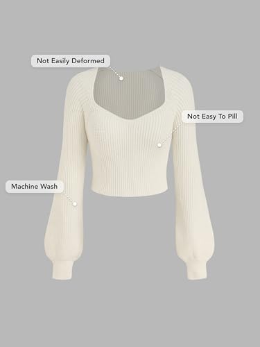 CIDER Women’s Crop Top Sweater Square V Neck Lantern Sleeve Cute Rib Knit Pullover2