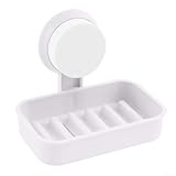 Honseadek Selbstentleerende Seifenschale mit Saugnapf für Badezimmer – ABS-Seifenhalter mit Ablauflöchern, kompatibel mit glatten Oberflächen, Weiß