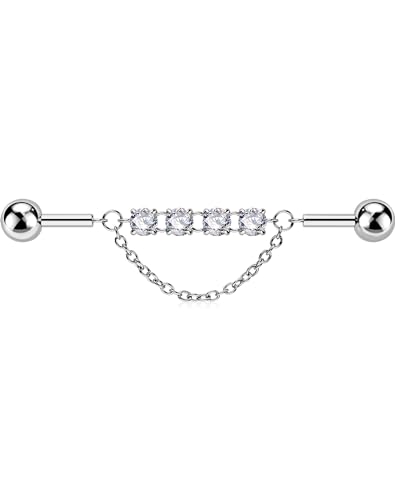 OUFER Industrial Piercing Jewelry Chain, Industrial Earrings 316L Surgical Steel, Internal Thread 14G Industrial Barbells, Clear CZ Industrial Bar Piercing-38MM