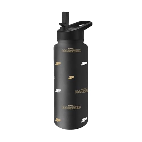 Image of Logo Brands NCAA Purdue Boilermakers Step & Repeat 34 oz Stainless Steel Quencher Bottle - All Over Logo Design, No-Spill Lid, Easy Carry Handle - Keeps Drinks Cold For Hours
