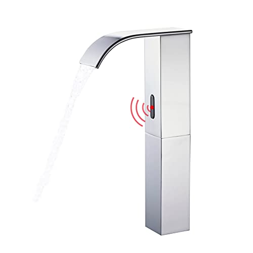 Gangang Automatic Faucets Square Tall Body Touchless Motion Sensor Waterfall Bathroom Sink Vessel Faucet (High Chrome)