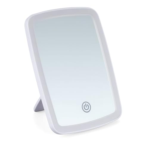 Espelho de Mesa com Luzes LED em 3 Cores para Maquiagem Cosméticos Portátil com Suporte de Apoio Iluminação Tipo Camarim, Touch, Zoom, Portátil para Penteadeira